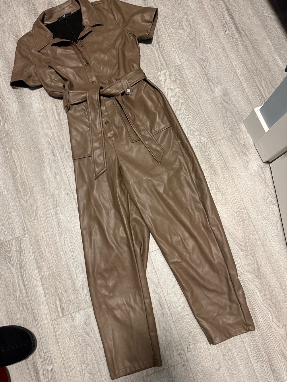 7 For All Mankind Taupe Faux-Leather Short-Sleeve Jumpsuit with Waist Tie - Picture 2 of 5